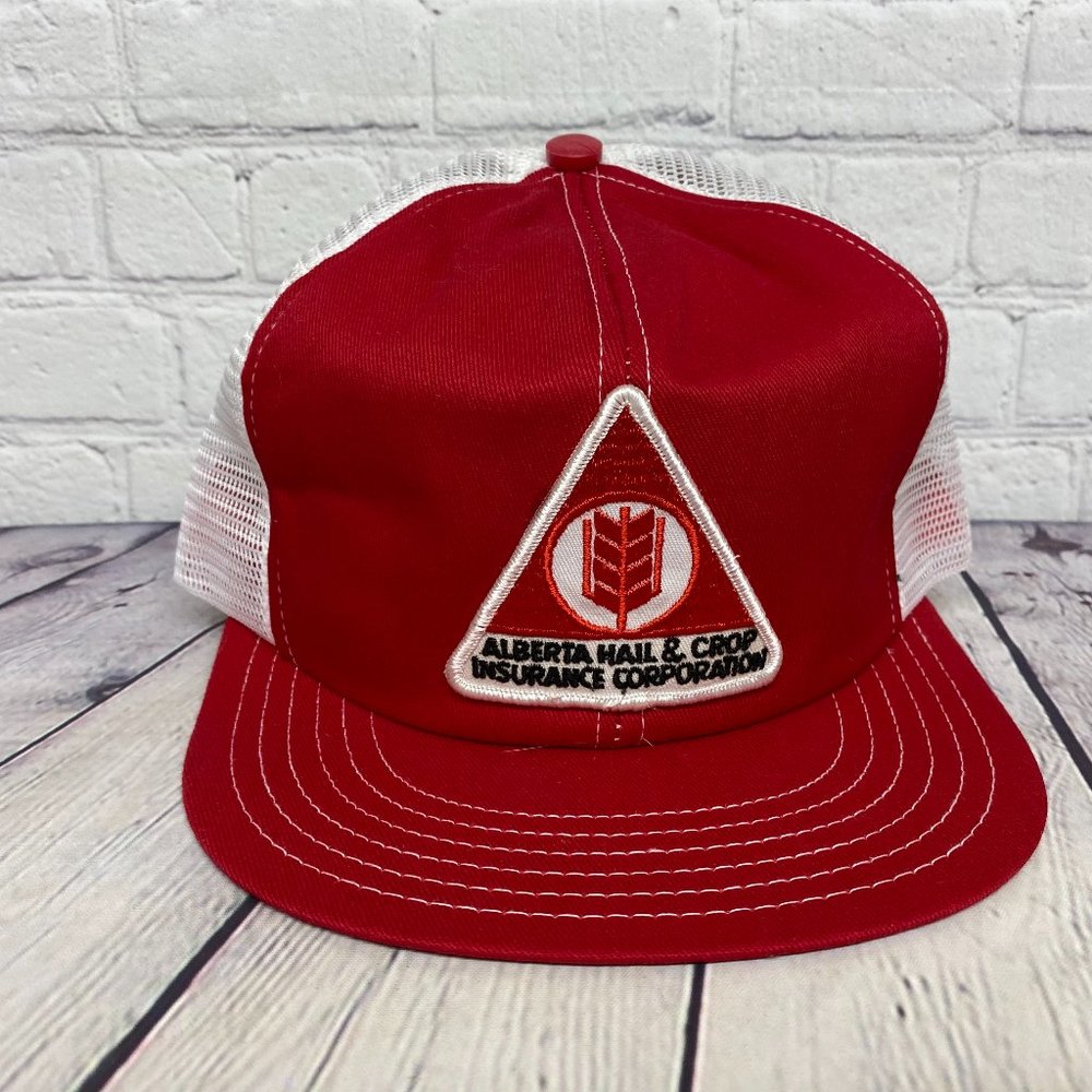 Vintage Farmer Hat Trucker Mesh Cap Red White Alberta Hail & Crop Item #3
